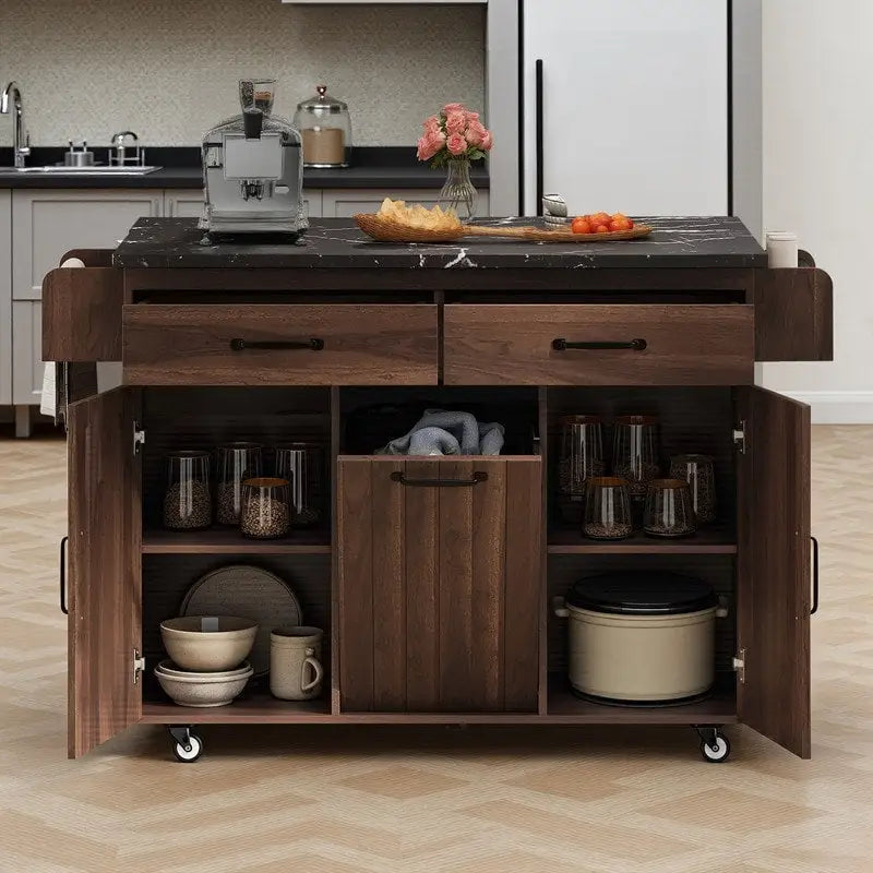 Kitchen Island Cart with Tilt-Out Trash Cabinet