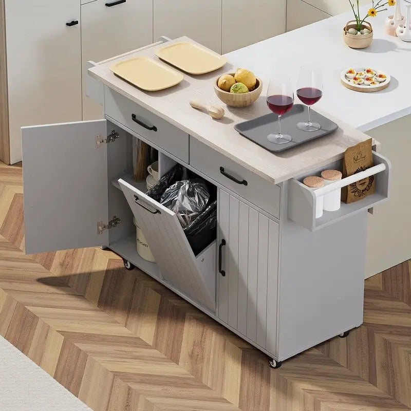 Kitchen Island Cart with Tilt-Out Trash Cabinet