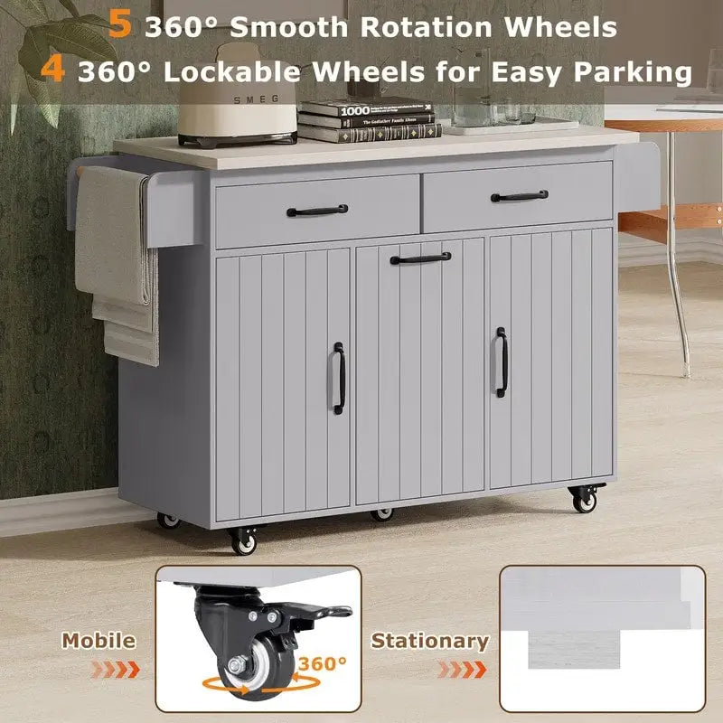 Kitchen Island Cart with Tilt-Out Trash Cabinet