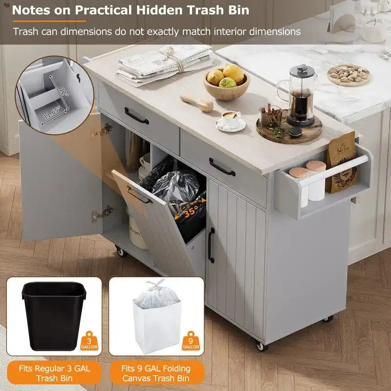 Kitchen Island Cart with Tilt-Out Trash Cabinet