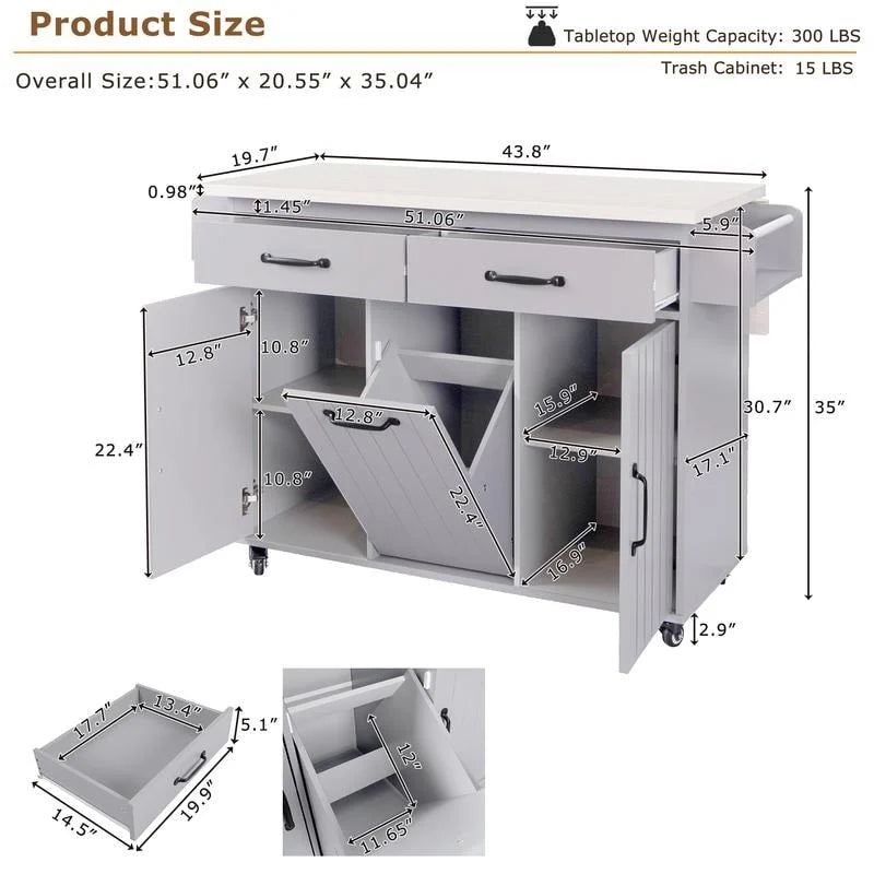 Kitchen Island Cart with Tilt-Out Trash Cabinet