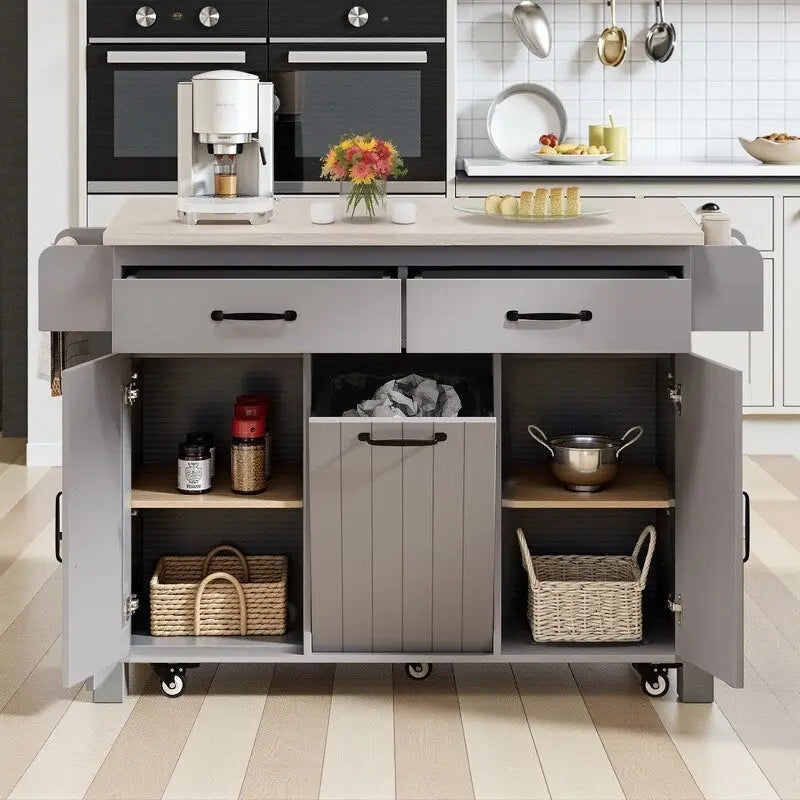 Kitchen Island Cart with Tilt-Out Trash Cabinet