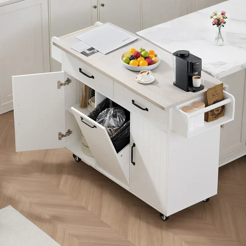 Kitchen Island Cart with Tilt-Out Trash Cabinet