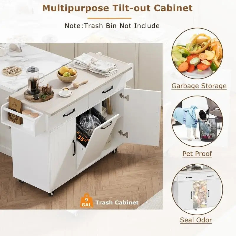 Kitchen Island Cart with Tilt-Out Trash Cabinet