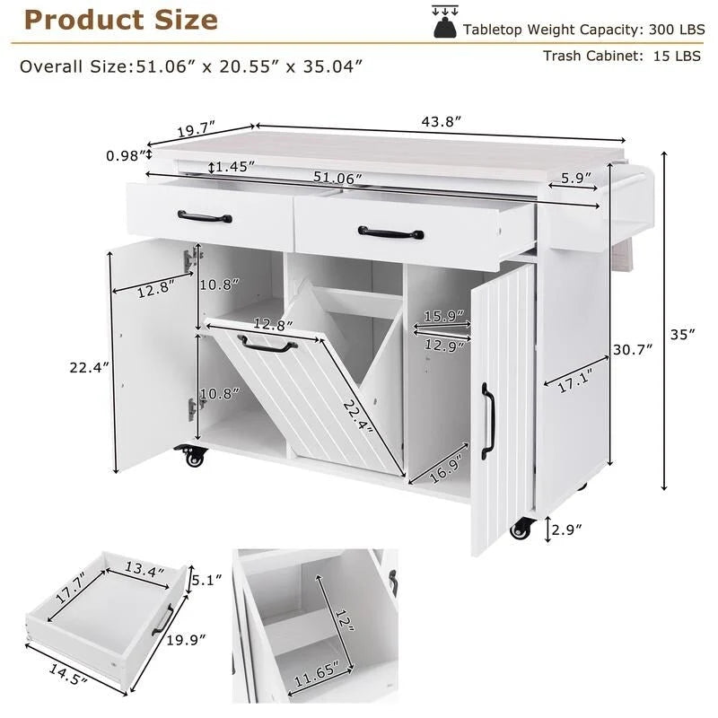 Kitchen Island Cart with Tilt-Out Trash Cabinet