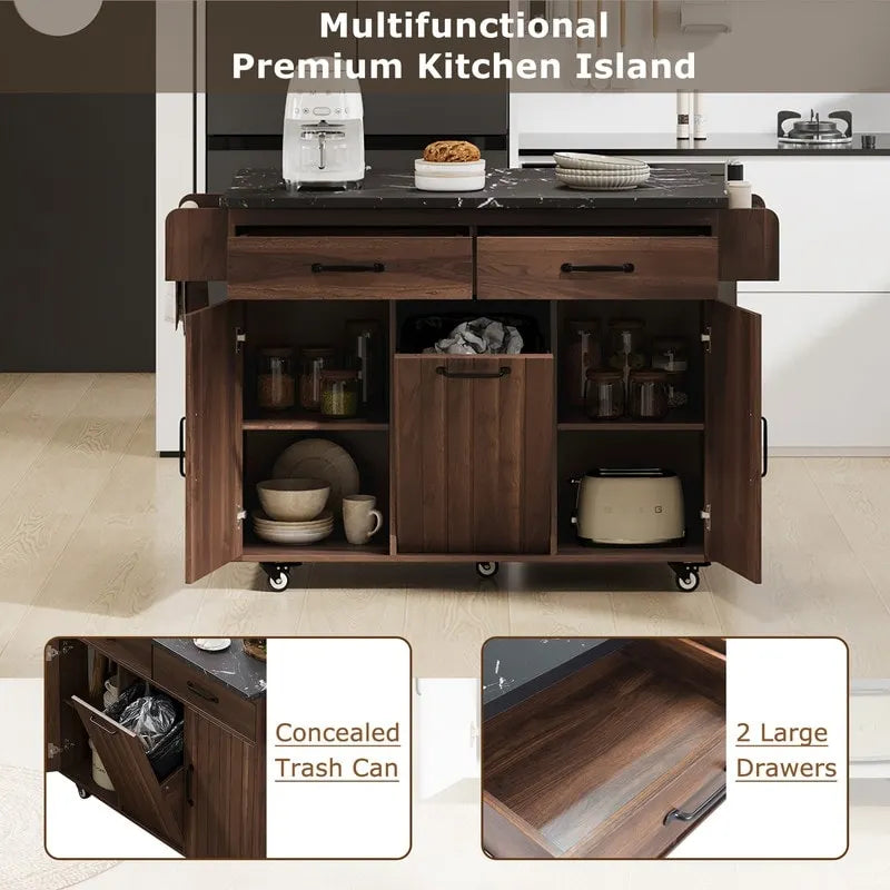 Kitchen Island Cart with Tilt-Out Trash Cabinet