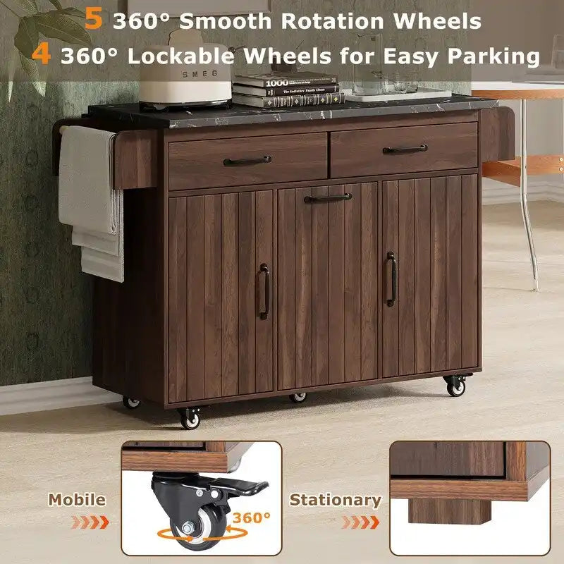 Kitchen Island Cart with Tilt-Out Trash Cabinet