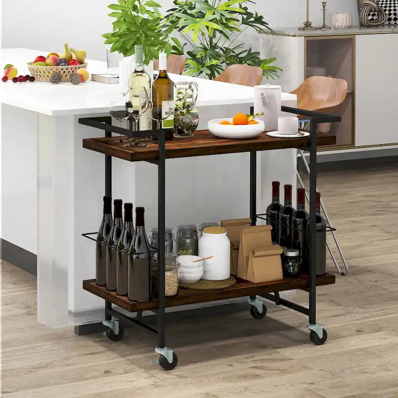 2-Tier Rolling Kitchen and Bar Cart with Lockable Wheels
