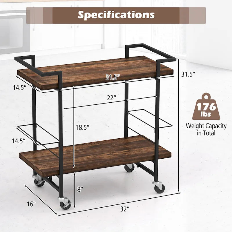 2-Tier Rolling Kitchen and Bar Cart with Lockable Wheels