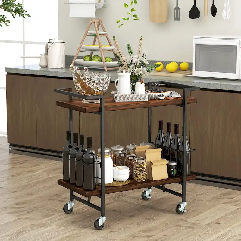 2-Tier Rolling Kitchen and Bar Cart with Lockable Wheels