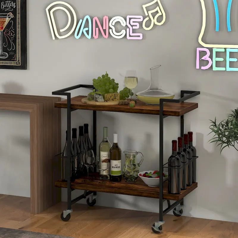 2-Tier Rolling Kitchen and Bar Cart with Lockable Wheels