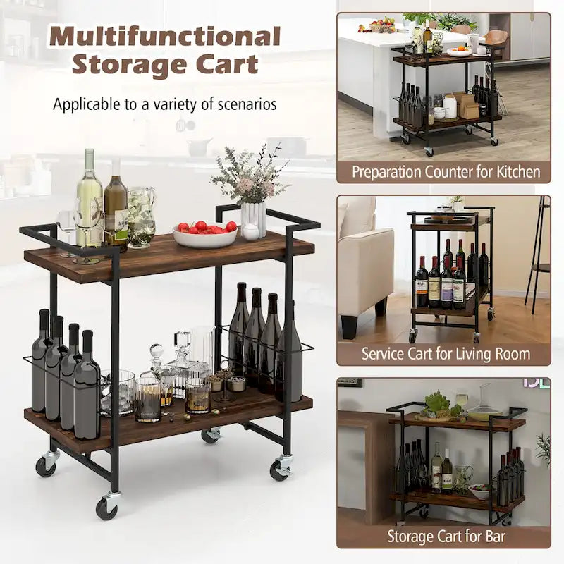 2-Tier Rolling Kitchen and Bar Cart with Lockable Wheels