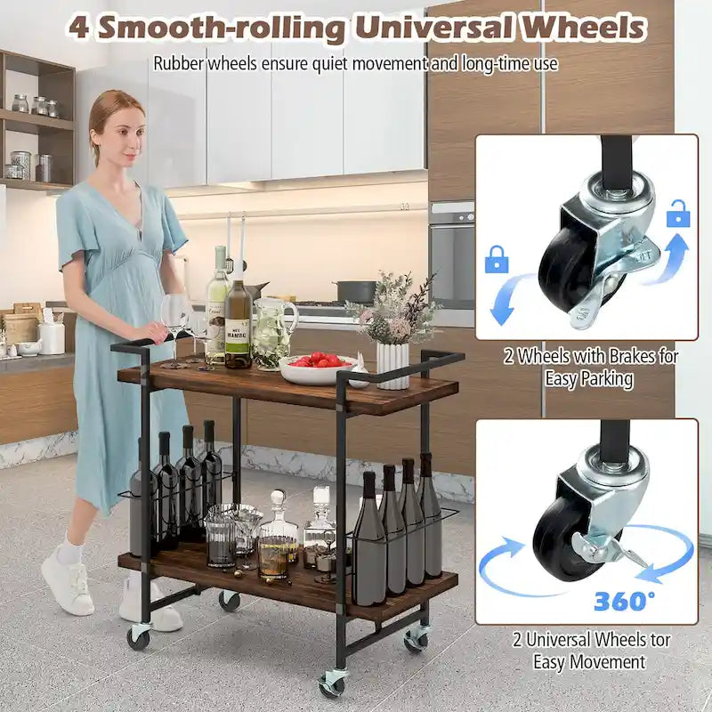 2-Tier Rolling Kitchen and Bar Cart with Lockable Wheels