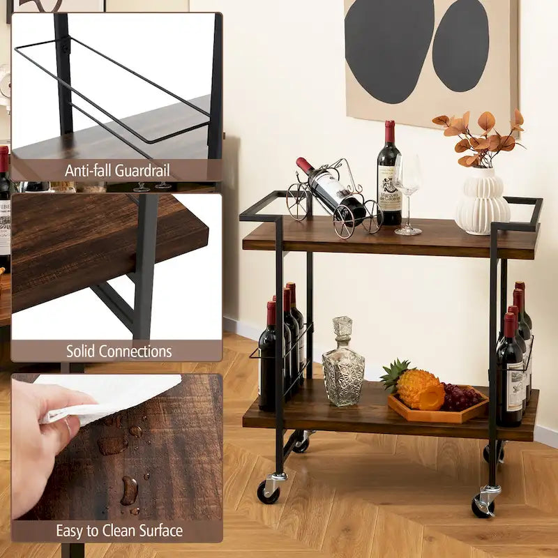 2-Tier Rolling Kitchen and Bar Cart with Lockable Wheels