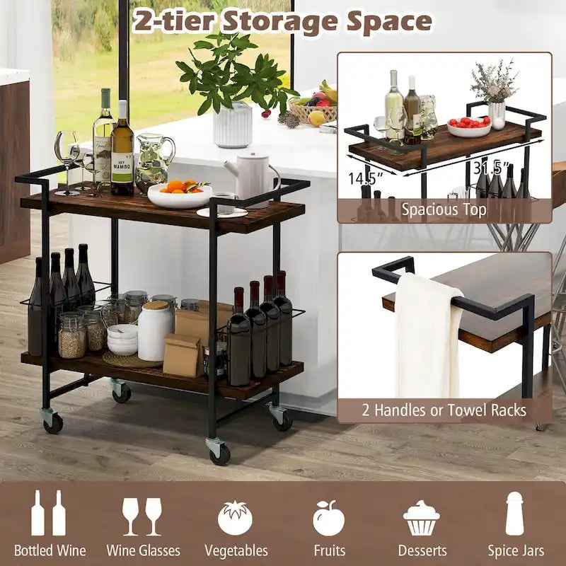 2-Tier Rolling Kitchen and Bar Cart with Lockable Wheels