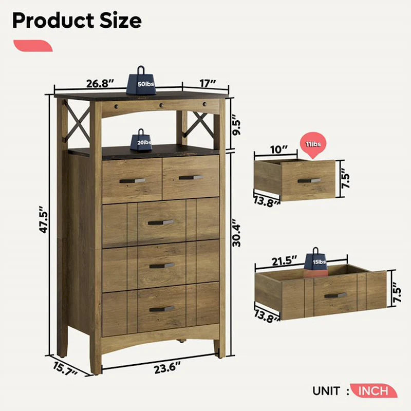 Rustic Brown Storage Cabinet with 5 Drawers and 2 Shelves