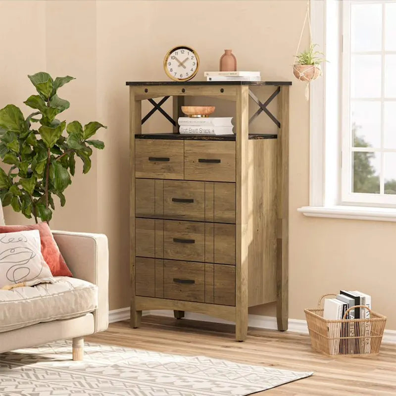 Rustic Brown Storage Cabinet with 5 Drawers and 2 Shelves