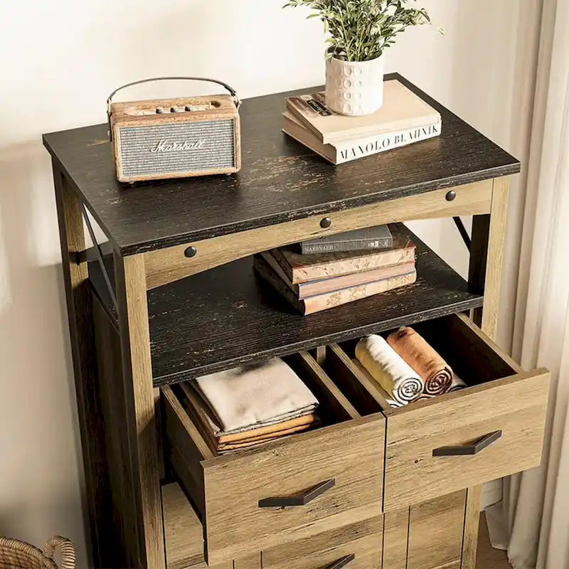 Rustic Brown Storage Cabinet with 5 Drawers and 2 Shelves
