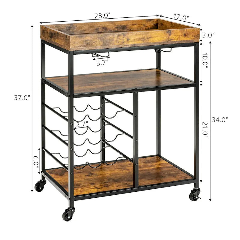 3-Tier Rolling Kitchen Serving Cart with Wine Rack