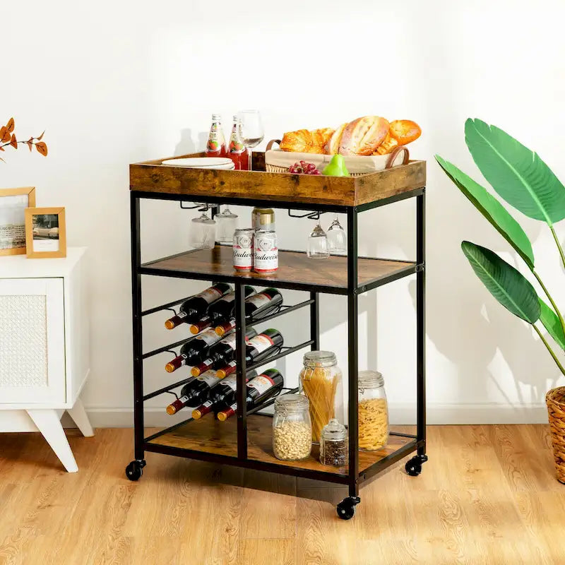 3-Tier Rolling Kitchen Serving Cart with Wine Rack
