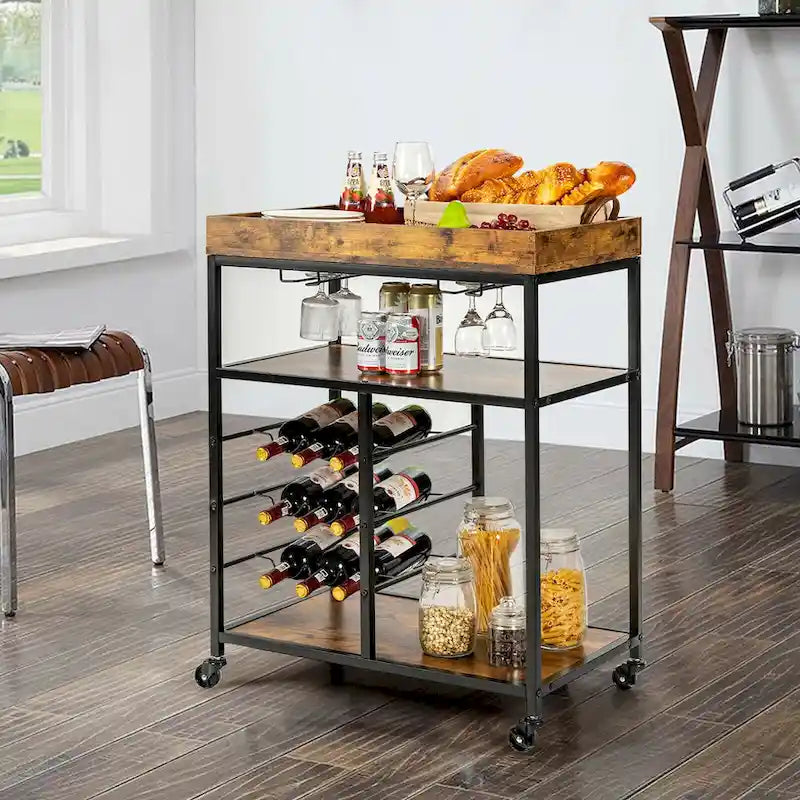 3-Tier Rolling Kitchen Serving Cart with Wine Rack