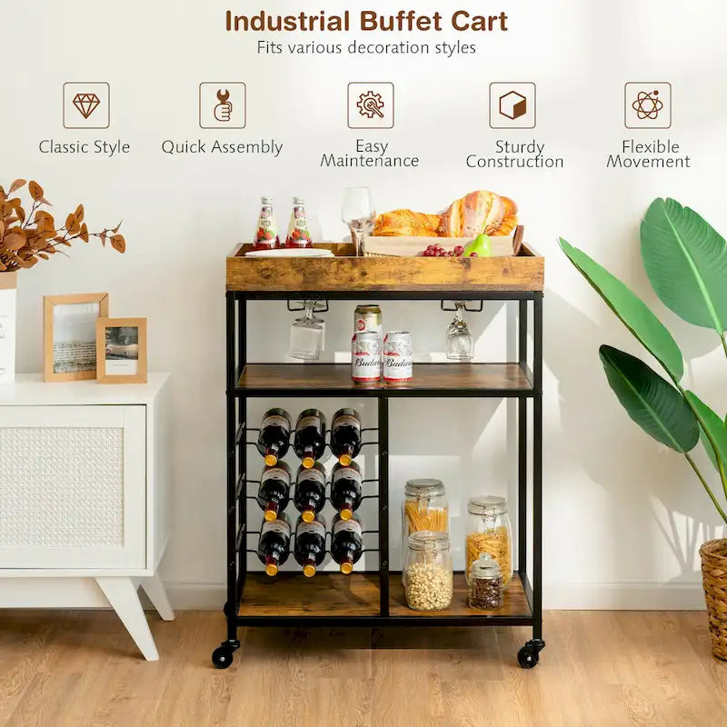 3-Tier Rolling Kitchen Serving Cart with Wine Rack