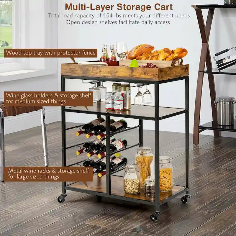 3-Tier Rolling Kitchen Serving Cart with Wine Rack