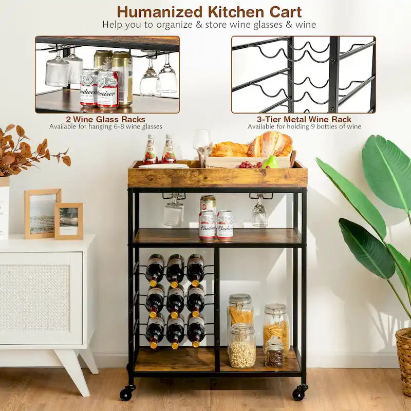 3-Tier Rolling Kitchen Serving Cart with Wine Rack