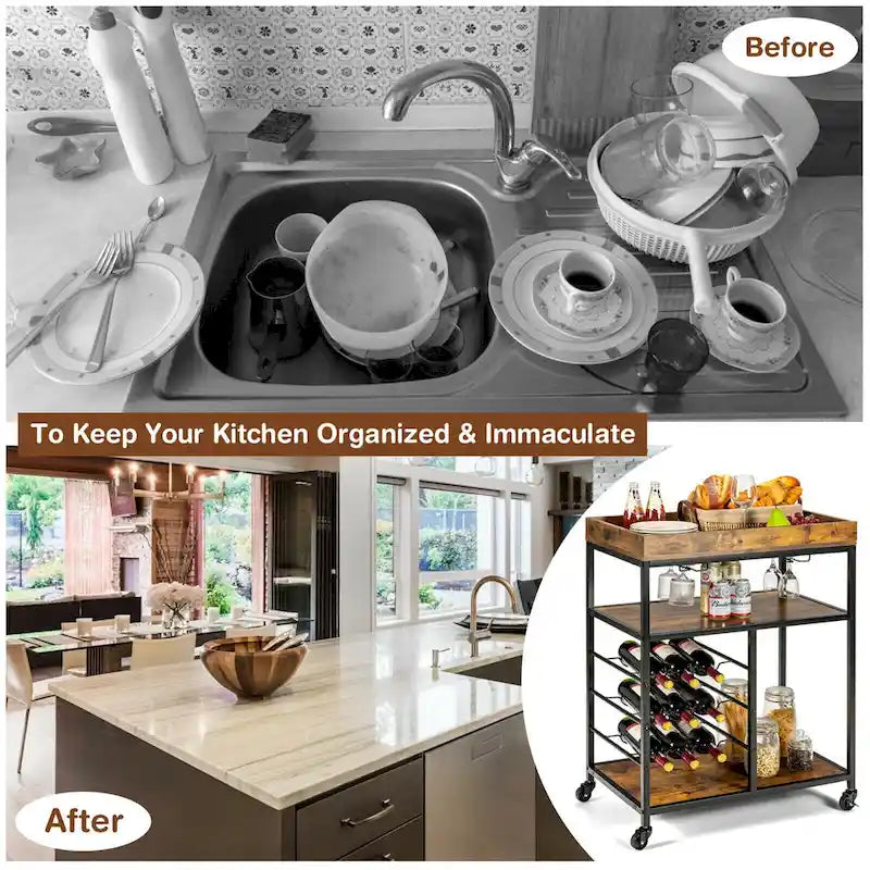 3-Tier Rolling Kitchen Serving Cart with Wine Rack
