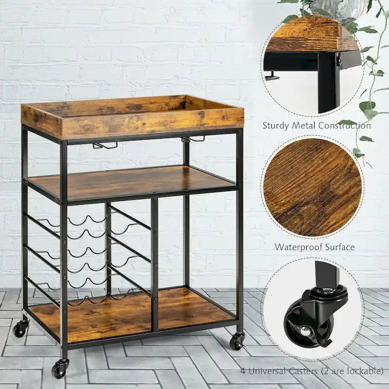 3-Tier Rolling Kitchen Serving Cart with Wine Rack