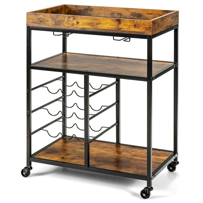 3-Tier Rolling Kitchen Serving Cart with Wine Rack