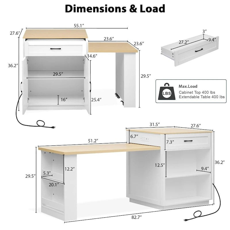 Kitchen Island with Extendable Dining Table and Storage