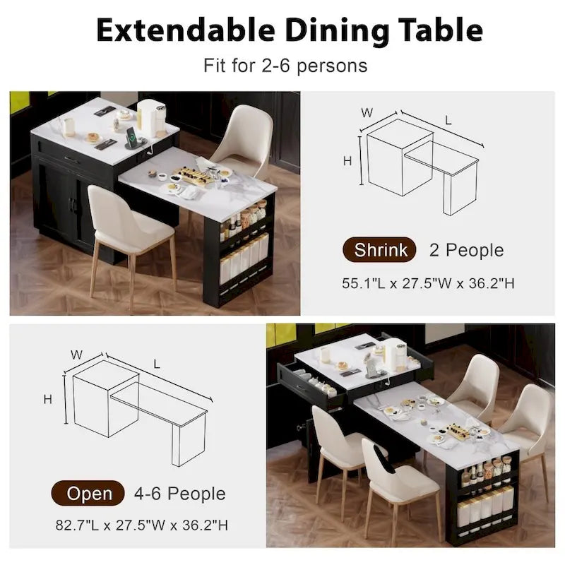 Kitchen Island with Extendable Dining Table and Storage