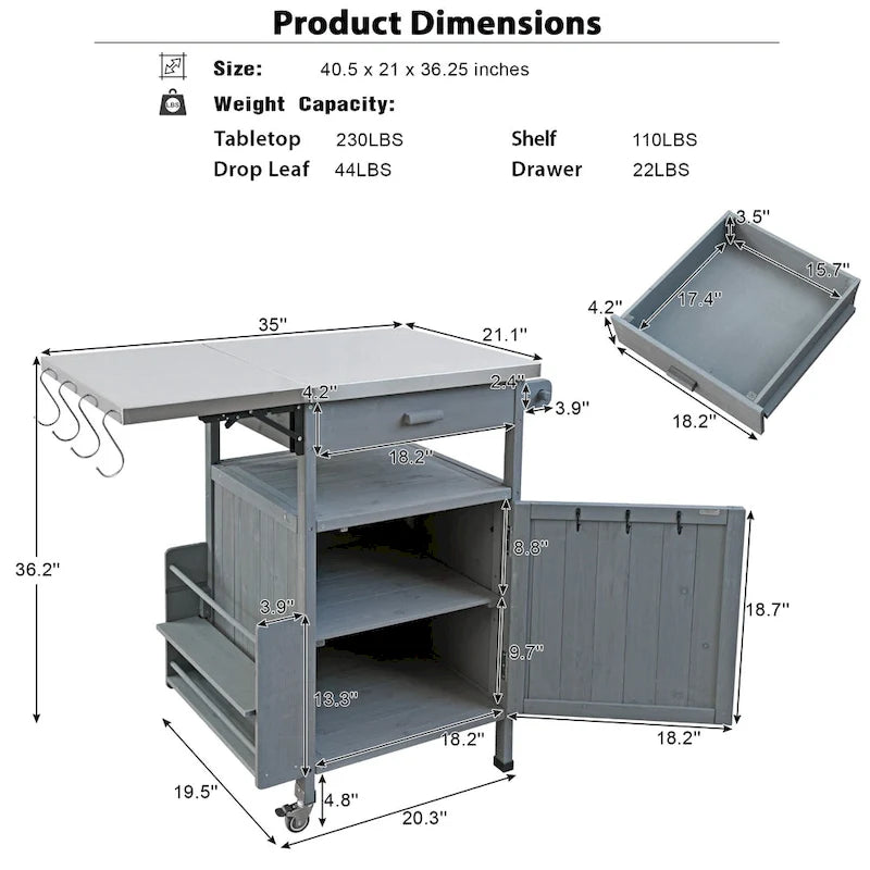 Outdoor Grill Cart with Stainless Steel Top and Drop Leaf