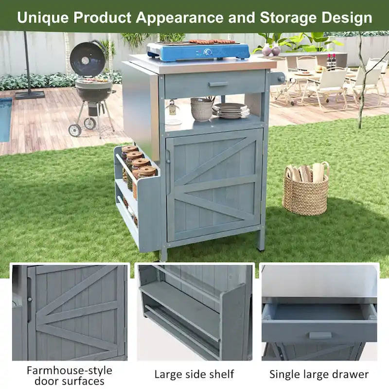 Outdoor Grill Cart with Stainless Steel Top and Drop Leaf