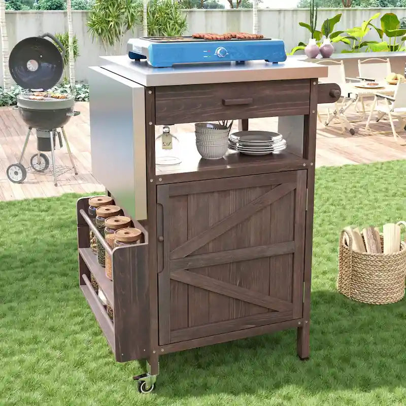Outdoor Grill Cart with Stainless Steel Top and Drop Leaf