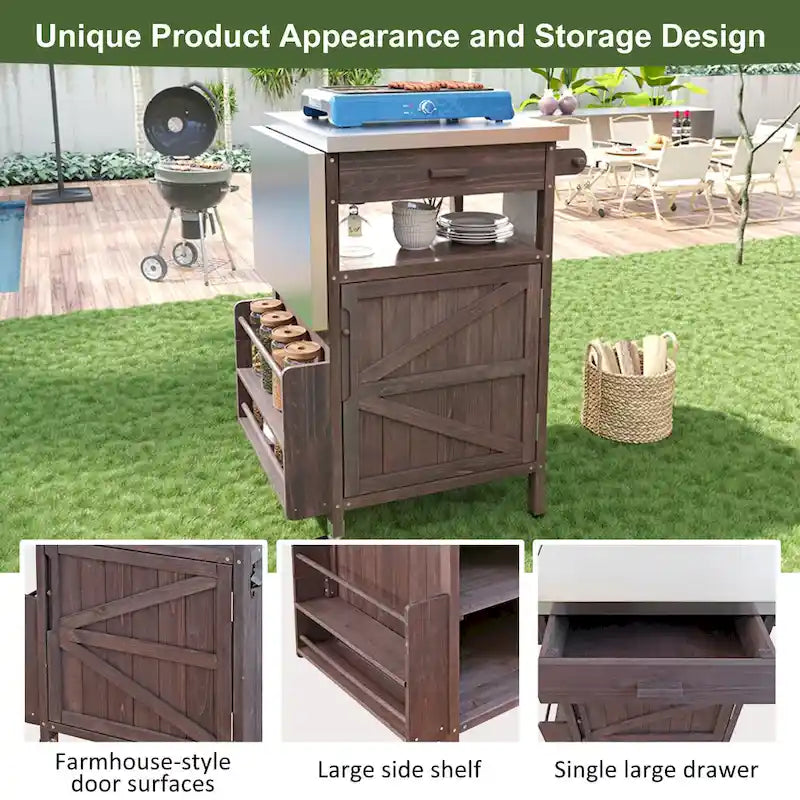 Outdoor Grill Cart with Stainless Steel Top and Drop Leaf
