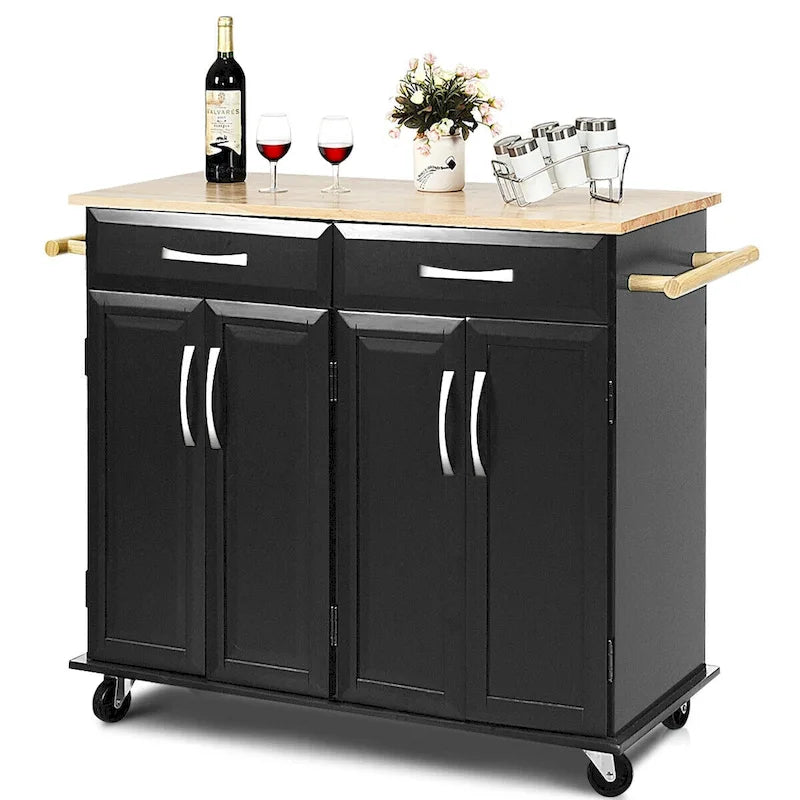 Black Rolling Kitchen Island Cart with Wood Top and Storage