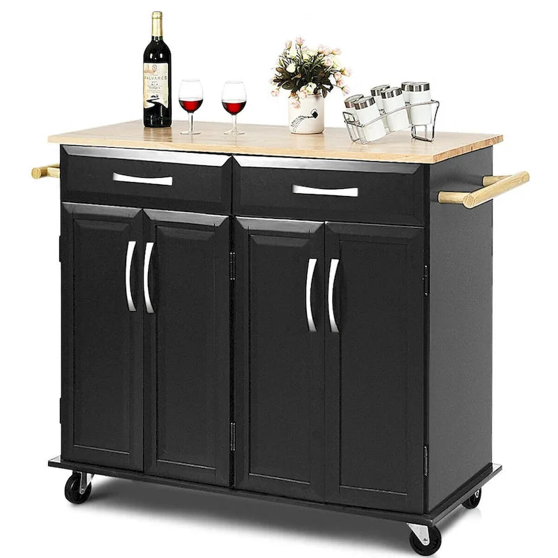 Costway Rolling Kitchen Trolley Island Black Cart Wood Top Storage