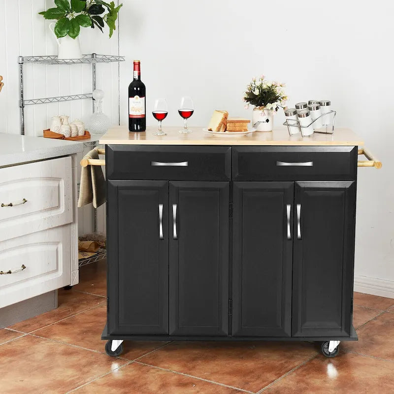 Black Rolling Kitchen Island Cart with Wood Top and Storage