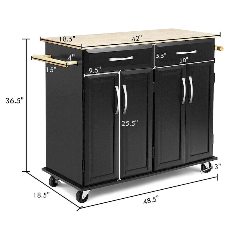 Black Rolling Kitchen Island Cart with Wood Top and Storage