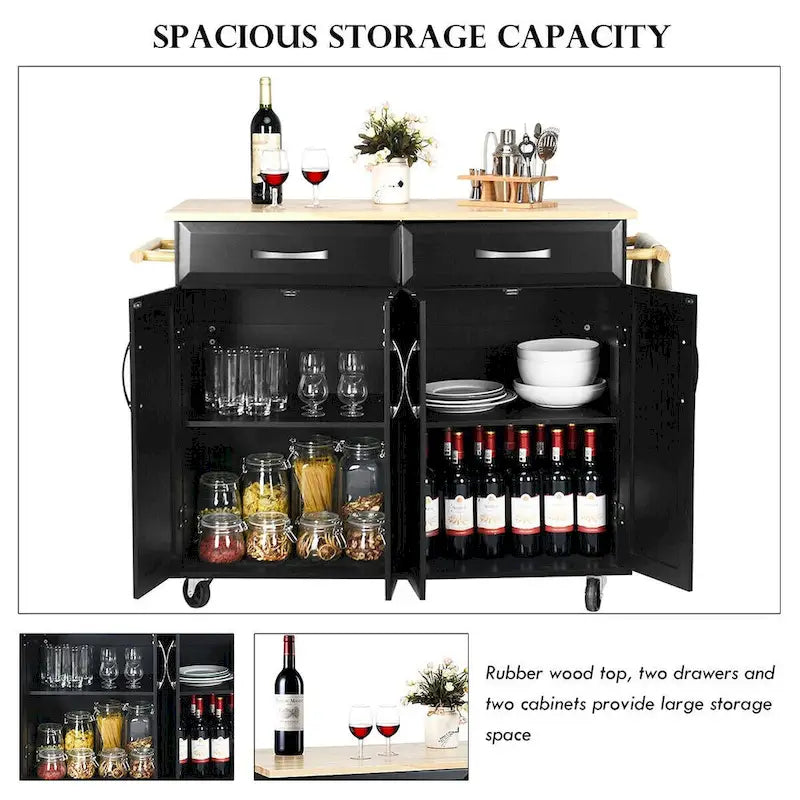 Black Rolling Kitchen Island Cart with Wood Top and Storage