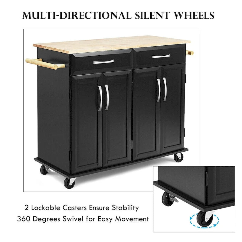 Black Rolling Kitchen Island Cart with Wood Top and Storage