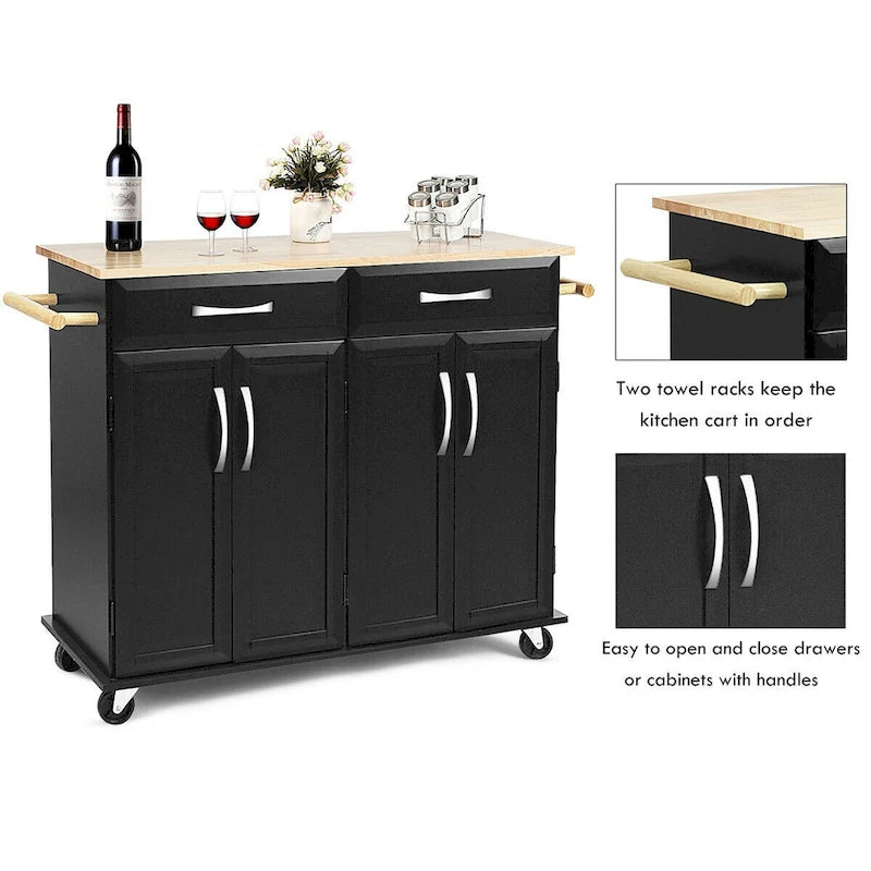 Black Rolling Kitchen Island Cart with Wood Top and Storage