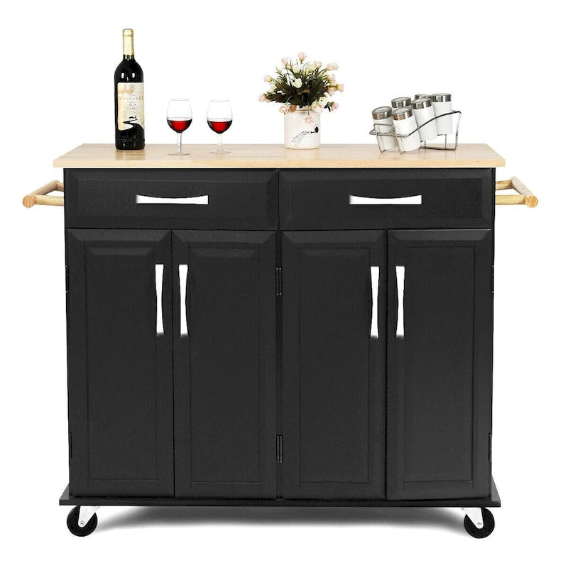 Black Rolling Kitchen Island Cart with Wood Top and Storage