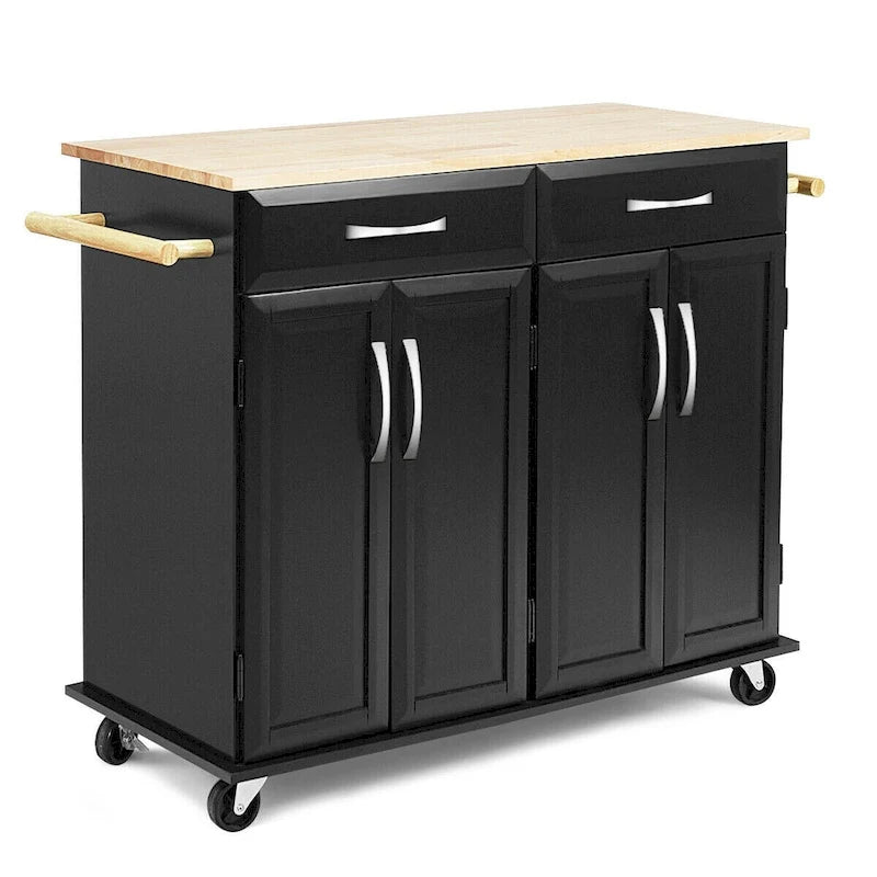 Black Rolling Kitchen Island Cart with Wood Top and Storage
