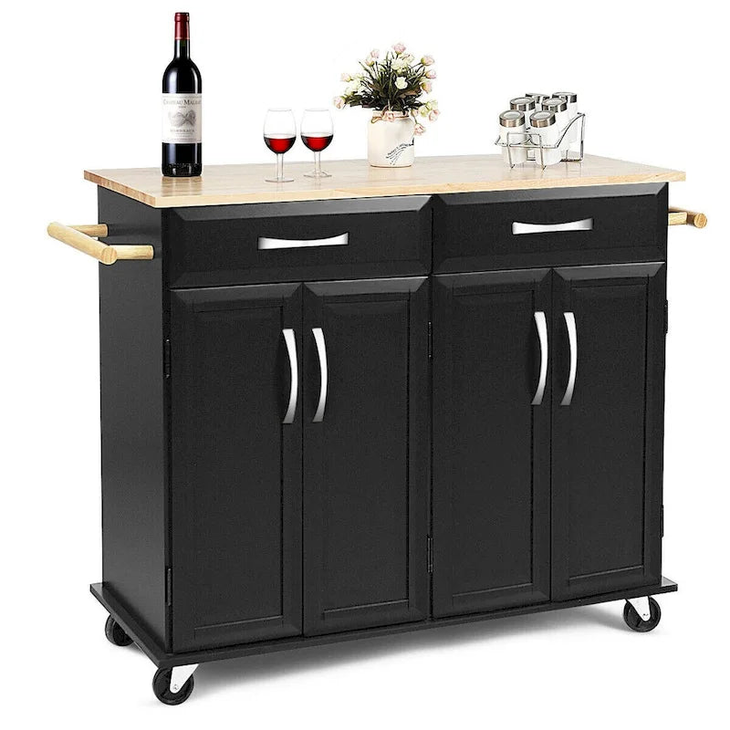 Black Rolling Kitchen Island Cart with Wood Top and Storage