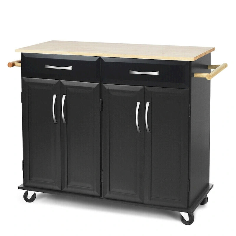Black Rolling Kitchen Island Cart with Wood Top and Storage