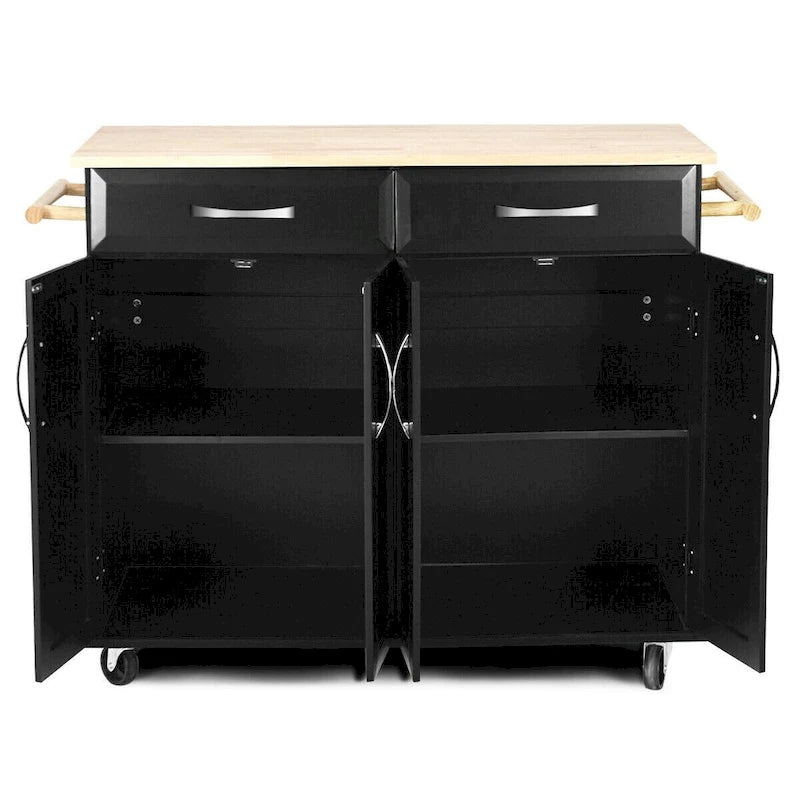 Black Rolling Kitchen Island Cart with Wood Top and Storage