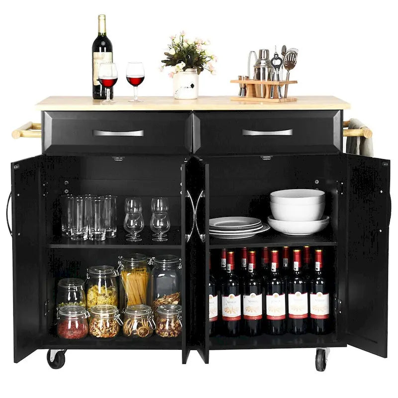 Black Rolling Kitchen Island Cart with Wood Top and Storage
